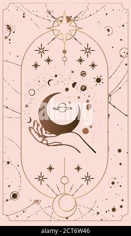 Le carte tarocchi COSMOS sono create dalle mani di Dio. Le mani sono impostate in un semplice stile Boho piatto esoterico. Collezione esoterica di loghi con vari symb Illustrazione Vettoriale