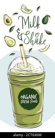 Illustrazione vettoriale di frullato detox vegano. Ricetta disegnata a mano di una bevanda sana fatta di avocado, frullato di ricetta disegnato a mano, ingredienti ecologici sani Illustrazione Vettoriale