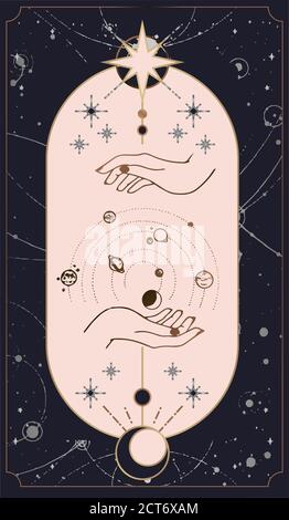 Le carte tarocchi COSMOS sono create dalle mani di Dio. Le mani sono impostate in un semplice stile Boho piatto esoterico. Collezione esoterica di loghi con vari symb Illustrazione Vettoriale