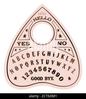 Ouija planchette con occhio di provvidenza linea arte, vettore illustrazione isolato su bianco. Stile di schizzo disegnato a mano. Elemento per halloween o strega pagana Illustrazione Vettoriale