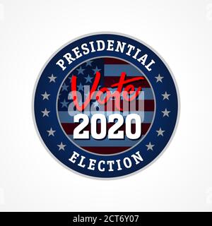 Voto delle elezioni presidenziali USA 2020, bandiera con emblema rotondo. Giorno delle elezioni con bandiera americana. Dibattito presidenziale DEGLI STATI UNITI, modello del vettore del badge di voto Illustrazione Vettoriale