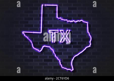 Texas mappa lampada al neon incandescente o tubo di vetro su un muro di mattoni neri Illustrazione Vettoriale