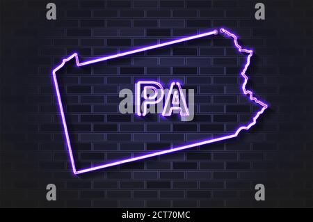 Pennsylvania mappa lampada al neon incandescente o tubo di vetro su un muro di mattoni neri Illustrazione Vettoriale