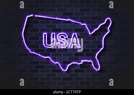 Stati Uniti d'America mappa incandescente lampada al neon o vetro tubo su una parete nera di mattone Illustrazione Vettoriale