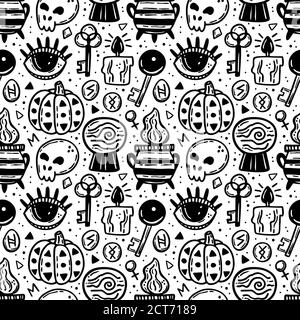 Modello senza cuciture Halloween. Silhouette con inchiostro nero per le feste. Occhio, zucca, chiave, veleno, calderone, cranio, osso, rune, cristallo, candela. Magia. Illustrazione Vettoriale
