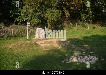 Market Stone sul Tamigi Path a Tamigi Head che segna la sorgente del Tamigi vicino a Kemble, Gloucestershire Foto Stock