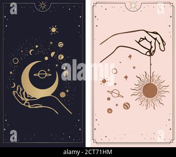 Le carte tarocchi COSMOS sono create dalle mani di Dio. Le mani sono impostate in un semplice stile Boho piatto esoterico. Collezione esoterica di loghi con vari symb Illustrazione Vettoriale