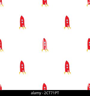 Modello senza giunture a razzo. Carino Doodles spazio navi schizzo. Illustrazione del vettore cartoon disegnata a mano. Illustrazione Vettoriale