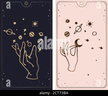 Le carte tarocchi COSMOS sono create dalle mani di Dio. Le mani sono impostate in un semplice stile Boho piatto esoterico. Collezione esoterica di loghi con vari symb Illustrazione Vettoriale