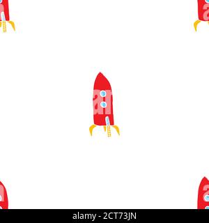 Modello senza giunture a razzo. Carino Doodles spazio navi schizzo. Illustrazione del vettore cartoon disegnata a mano. Illustrazione Vettoriale