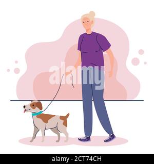 donna anziana che cammina con il cane animale domestico Illustrazione Vettoriale