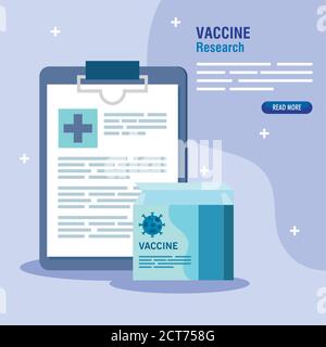 ricerca medica vaccino coronavirus, con box vaccino e checklist, ricerca medica vaccino e microbiologia educativa per coronavirus covid19 Illustrazione Vettoriale