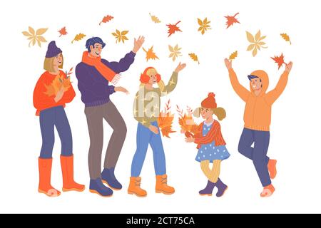 Grande famiglia con i bambini sulla passeggiata autunnale piatto vettore illustrazione isolato. Illustrazione Vettoriale