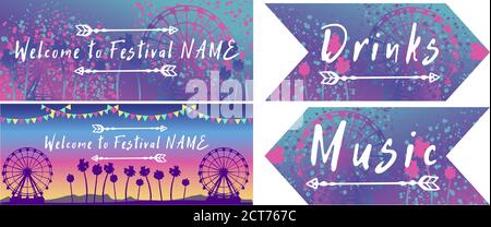Festival a tema pastello Coachella stampato, set di pacchetti. Versione di stampa. Invito incluso. Elegante campo da festa o festival Illustrazione Vettoriale