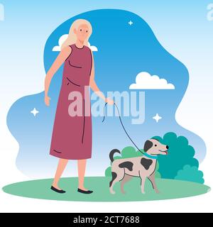 donna anziana che cammina con il cane animale domestico nel parco Illustrazione Vettoriale