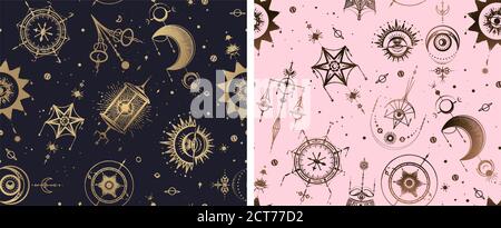 Mistico, magico, sfondo. Religione e occultismo con simboli esoterici e masonici. Manoscritto medievale ispirato. Pattern vettoriale senza giunture in RER Illustrazione Vettoriale