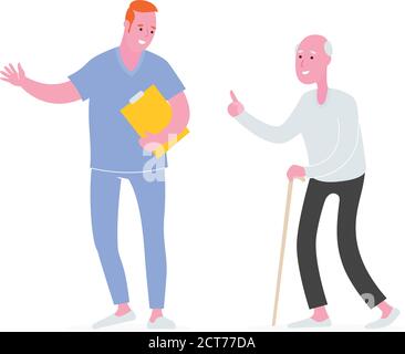 Uomo caregiver che indossa uniforme accogliente un uomo anziano con bastone da passeggio. Illustrazione vettoriale. Illustrazione Vettoriale