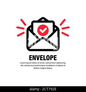 Busta con l'icona del documento confermato. Invio e-mail riuscito, conferma di recapito e-mail, concetti di verifica riusciti. Vettore su isolato w Illustrazione Vettoriale