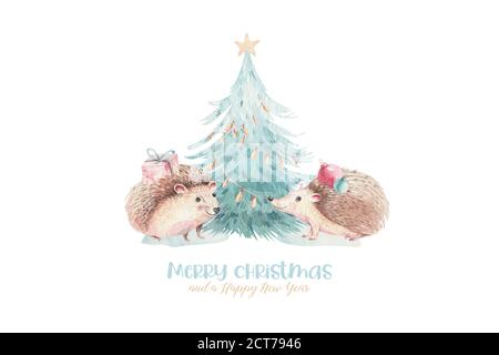 Set di Natale Woodland cartoon hedgehog foresta, simpatico scoiattolo, mouse, bunny lepre carattere animale. Raccoon invernale albero di natale elementi floreali Foto Stock