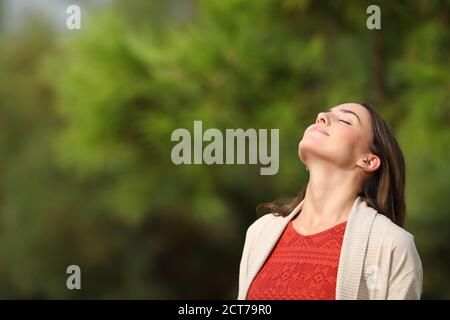 Donna rilassata che respira aria fresca in piedi in un parco A. giornata di sole con sfondo verde Foto Stock