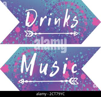 Festival a tema pastello Coachella stampato, set di pacchetti. Versione di stampa. Invito incluso. Elegante campo da festa o festival Illustrazione Vettoriale