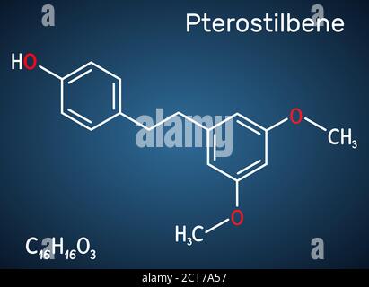 Pterostilbene, molecola stilbenoide. Ha un ruolo come metabolita, antiossidante, agente antineoplastico, neurotrasmettitore. Formula chimica strutturale su t Illustrazione Vettoriale