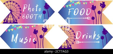 Festival a tema pastello Coachella stampato, set di pacchetti. Versione di stampa. Invito incluso. Elegante campo da festa o festival Illustrazione Vettoriale