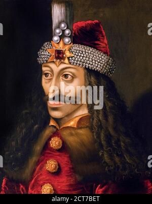 Vlad l'Impalatore. Ritratto di Vlad III, noto come Vlad l'Impalatore o Vlad Dracula (c.1428/31-1476/77), che fu re di Wallachia tre volte. Pittura, olio su tela, metà 16 ° secolo. Foto Stock