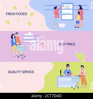 Set di striscioni orizzontali o volantini con persone che acquistano in supermercato, vettore. Illustrazione Vettoriale