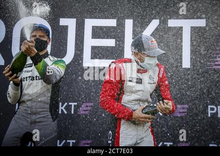 BAUMANIS Janis (LVA), Team Stard (AUT), Ford Fiesta, ritratto, Projekt e, RAYMOND Cyril (fra), Team Stard (AUT), Ford Fiesta, ambiance d'azione sul podio d Foto Stock