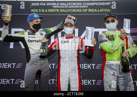 BAUMANIS Janis (LVA), Team Stard (AUT), Ford Fiesta, ritratto, Projekt e, RAYMOND Cyril (fra), Team Stard (AUT), Ford Fiesta, ambiance d'azione sul podio d Foto Stock