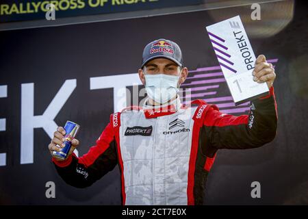 Projekt e, RAYMOND Cyril (fra), Team Stard (AUT), Ford Fiesta, ambientazione da podio durante il Neste World RX di riga-Lettonia, 6° round del 2020 Foto Stock