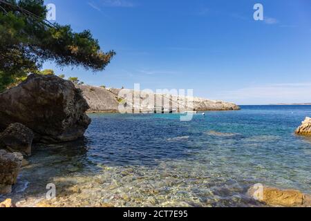 Splendido ambiente naturale con scogliere rocciose, pini e acque turchesi mozzafiato sulla spiaggia di Zarace, isola di Hvar Foto Stock