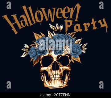 Cranio in metallo con corona di rose dorate floreali, illustrazione vettoriale morta di dia Muertos Day in spagnolo per la progettazione di poster di concetto Illustrazione Vettoriale