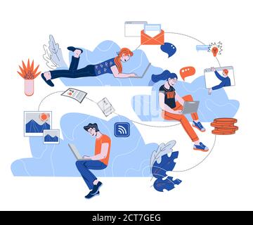 Cloud computing con persone che utilizzano dispositivi mobili connessi cartoon illustrazione vettoriale. Illustrazione Vettoriale