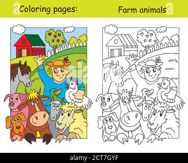 Pagine da colorare con felice contadino e i suoi animali da fattoria. Illustrazione vettoriale cartoon. Colorazione e immagine colorata degli animali da fattoria. Illustrazione del magazzino per Illustrazione Vettoriale