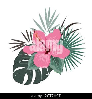 Composizione bouquet con fiore rosa ibisco e foglie di palma, illustrazione vettoriale piatta. Tropicale piante esotiche Hawaii isolato su bianco, pastello Illustrazione Vettoriale