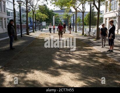 Burgemeester de Monchyplein, l'Aia. Paesi Bassi. Domenica 20 settembre, 2020. Casa lontano da casa! Gli espatriati francesi locali si divertano con una partita a Pétanque in questo pomeriggio caldo e soleggiato, all'Aia. Il gioco del curry ha avuto origine tra il 1907 e il 1910 a la Ciotat, nel regno di Francia in Provenza. Credit: Charles M. Vella/ Vella/Alamy Live News Foto Stock