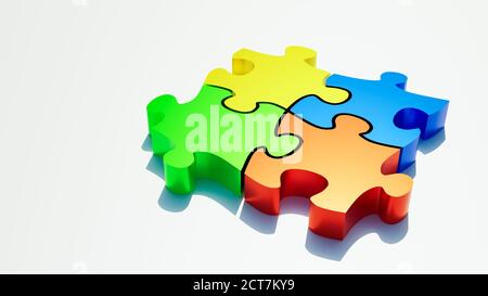 Puzzle rosso, verde, blu e giallo pezzi su sfondo bianco con spazio copia. Lavoro di squadra o team building, indovinello, soluzione, collaborazione e s. Foto Stock