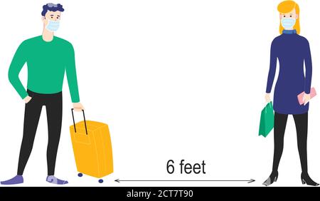 Pratica di distanziamento fisico. Uomo e donna che mantengono la distanza di 6 piedi. Evitare la trasmissione di virus. Illustrazione vettoriale. Illustrazione Vettoriale
