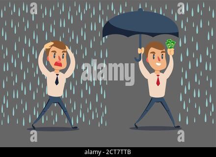 Uomo sotto la pioggia. Uomo d'affari va dalla pioggia mentre un altro uomo d'affari ha l'ombrello. Illustrazione Vettoriale