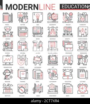 Education complesso concetto sottile rosso linea nera icona vettore insieme con profilo infografica scuola, laboratorio o università, simboli educativi, attrezzature laboratorio esperimento, libro scuola e cancelleria Illustrazione Vettoriale