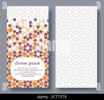 Doppia carta araba per invito, celebrazione, salvataggio della data, matrimonio eseguito in piastrelle arabiche geometriche. Modello vettore scheda colofuso Illustrazione Vettoriale