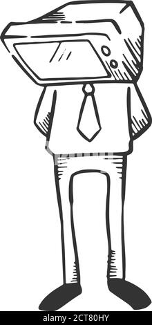 Uomo d'affari con testa della televisione. Concetto aziendale. Illustrazione vettoriale disegnata a mano. Illustrazione Vettoriale
