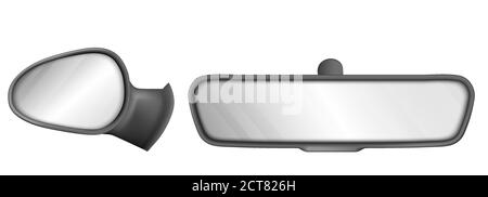 Specchietti retrovisori esterni con telaio nero isolato su sfondo bianco. Serie vettoriale realistica di specchietti retrovisori posteriori e laterali per l'abitacolo del veicolo. Attrezzature per automobili o autocarri per la guida in sicurezza Illustrazione Vettoriale