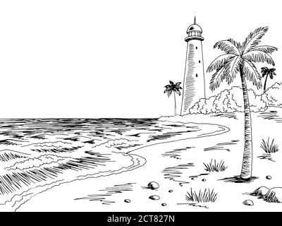 Faro costa mare grafico bianco nero disegno grafico paesaggio vettore illustrazione Illustrazione Vettoriale