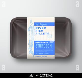 Etichetta di progettazione del packaging vettoriale astratto dei filetti di pesce originali su vassoio di plastica con coperchio in cellofano. Tipografia moderna e storione disegnato a mano Illustrazione Vettoriale