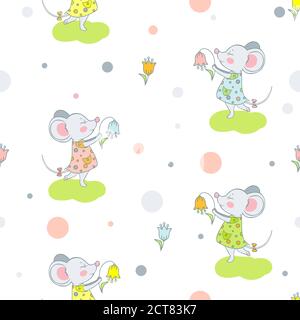 Mouse carino in un vestito che balla con un fiore. Illustrazione Vettoriale