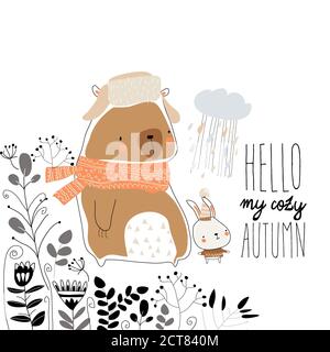 Orso carino con il coniglietto che rimane in piante Illustrazione Vettoriale