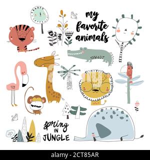 Set di animali selvatici cartoon su sfondo bianco Illustrazione Vettoriale